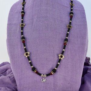 33  3/4" black Tulasi w red crystal glass beads and lotus w sterling silver OM